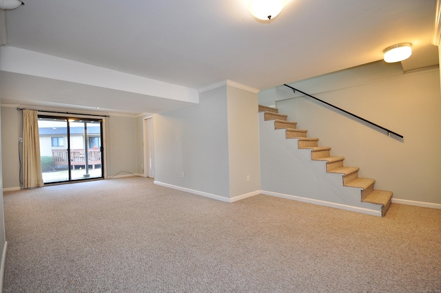 interior space featuring ornamental molding and carpet flooring