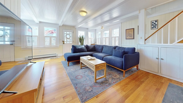 living room featuring wooden ceiling, a baseboard heating unit, beamed ceiling, and light wood-type flooring