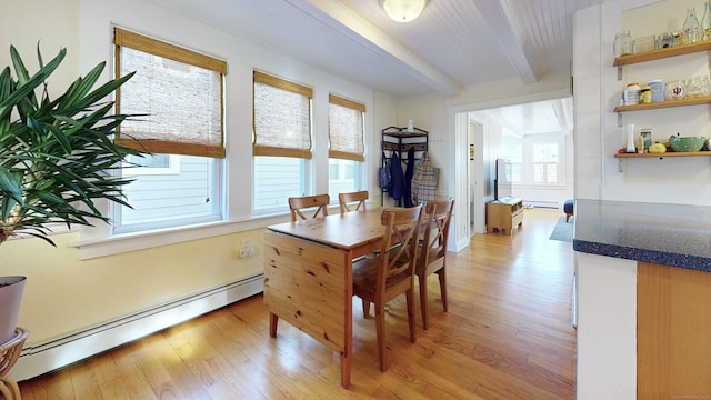 dining area with beam ceiling, a baseboard heating unit, and light hardwood / wood-style floors