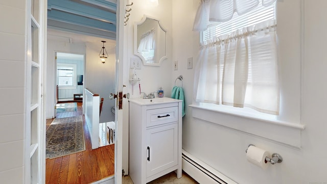 bathroom with wood-type flooring and vanity