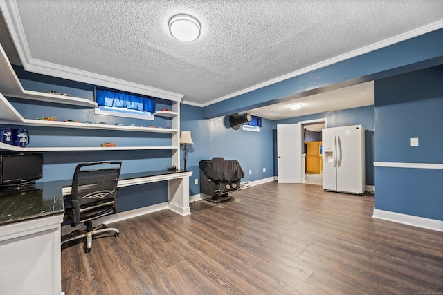 office space featuring ornamental molding, dark hardwood / wood-style floors, and a textured ceiling