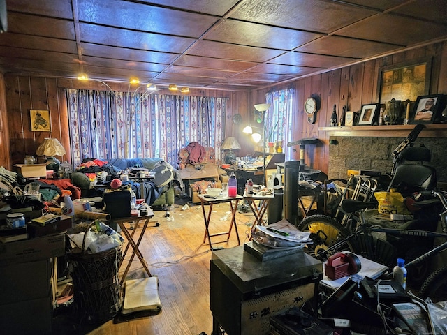 interior space with hardwood / wood-style flooring and wood walls