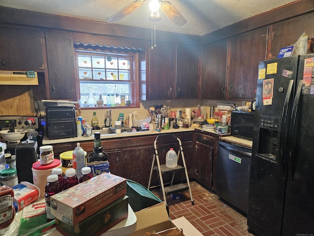 kitchen featuring backsplash, dark brown cabinets, ceiling fan, dishwasher, and black fridge