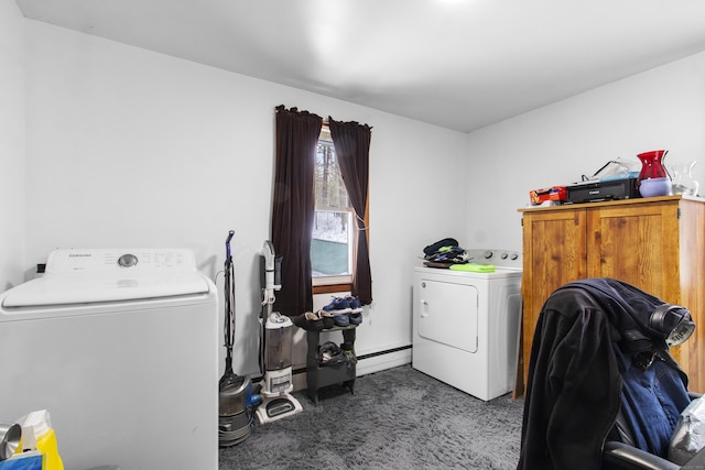 laundry room featuring a baseboard radiator, washer and clothes dryer, and dark colored carpet