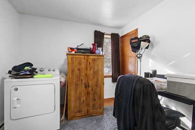 washroom with washer / clothes dryer and light colored carpet