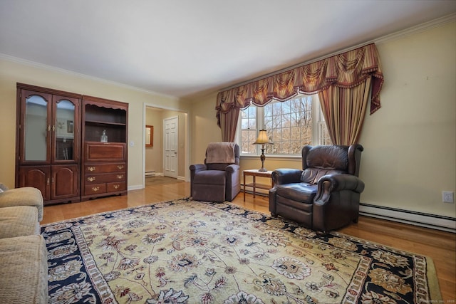 living room featuring a baseboard radiator and ornamental molding