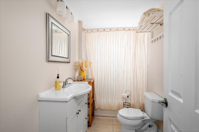 full bathroom with toilet, vanity, shower / tub combo, and tile patterned floors