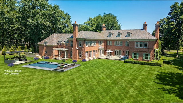 rear view of house with a pergola, a patio area, and a yard