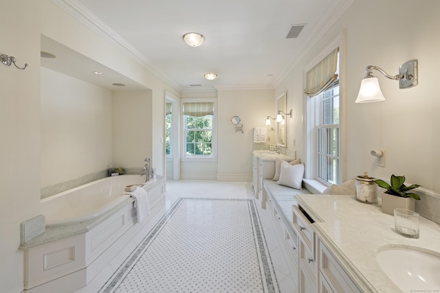 bathroom featuring a washtub, vanity, and ornamental molding