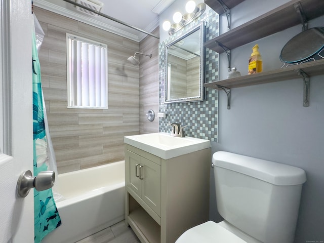 full bathroom with toilet, crown molding, shower / bath combo with shower curtain, tasteful backsplash, and vanity