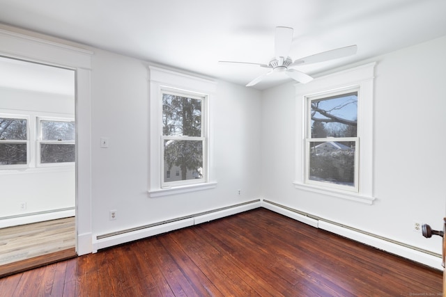 unfurnished room featuring dark wood-type flooring, ceiling fan, and baseboard heating