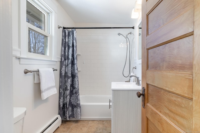 full bathroom with shower / tub combo with curtain, vanity, toilet, and baseboard heating