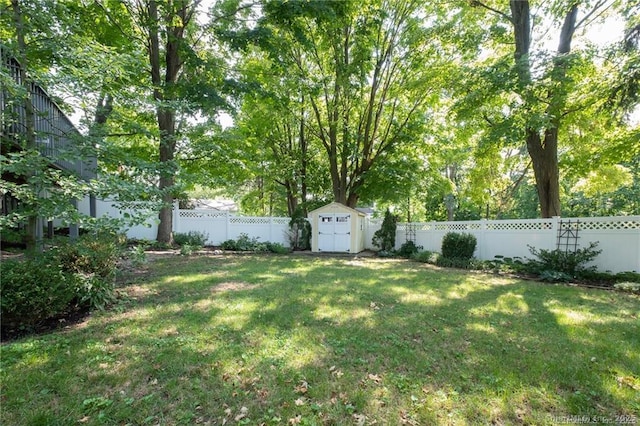 view of yard featuring a storage shed