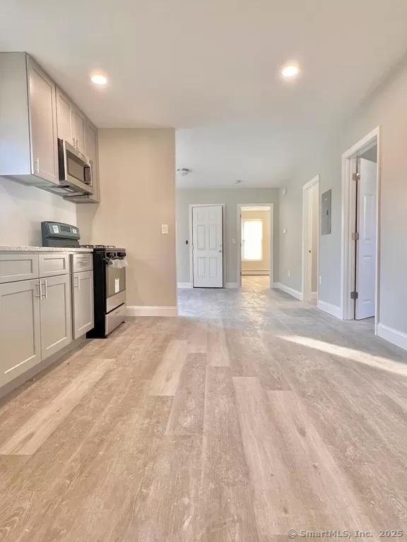 kitchen with gray cabinets, appliances with stainless steel finishes, light hardwood / wood-style flooring, and electric panel