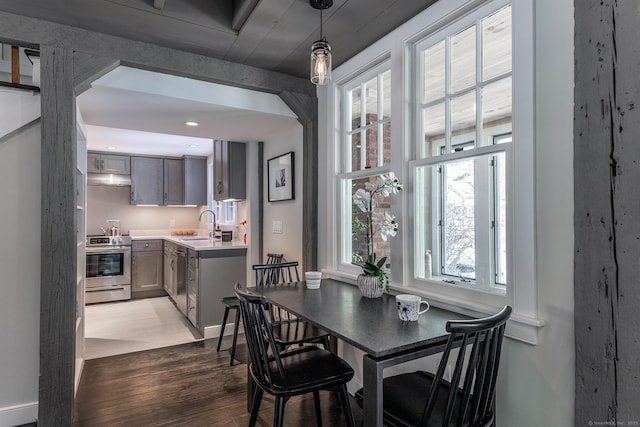 dining area with dark hardwood / wood-style floors and sink