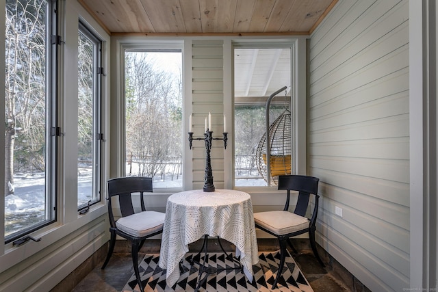 sunroom / solarium with plenty of natural light and wooden ceiling