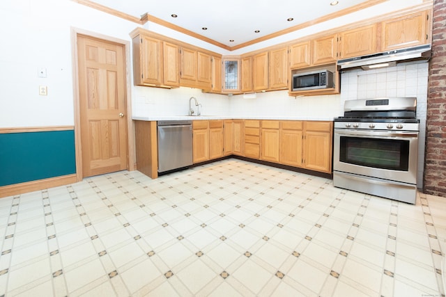 kitchen featuring sink, crown molding, stainless steel appliances, and decorative backsplash