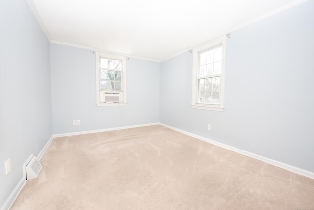 spare room featuring crown molding and light colored carpet