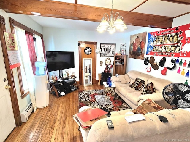 living room featuring baseboard heating, beam ceiling, hardwood / wood-style flooring, and an inviting chandelier