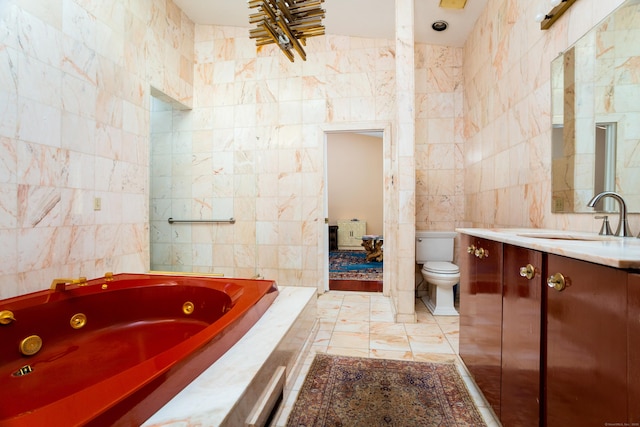 bathroom featuring a relaxing tiled tub, tile walls, toilet, and vanity