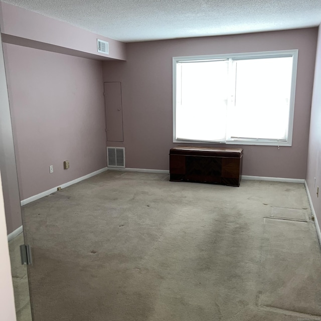 empty room with a textured ceiling, electric panel, and light carpet