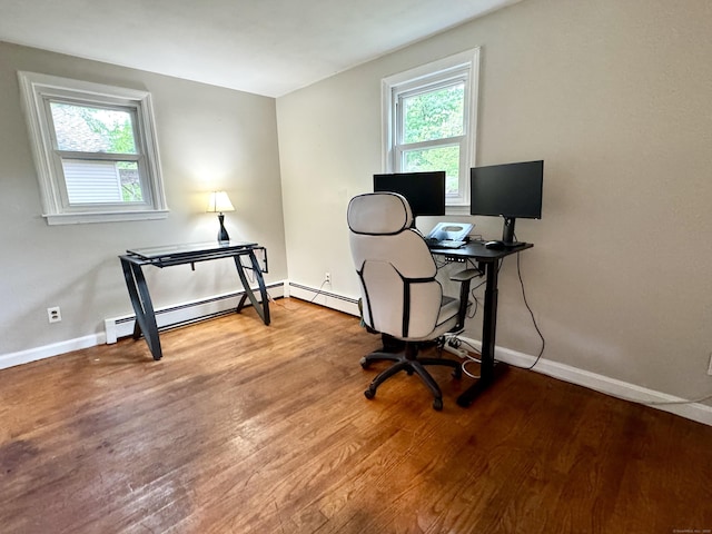 13 Lancer Dr, Enfield, CT 06082 - home office with wood finished floors, baseboards, and a baseboard heating unit