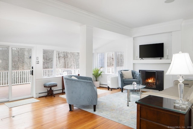 living room featuring a baseboard heating unit, ornamental molding, plenty of natural light, and light wood-type flooring