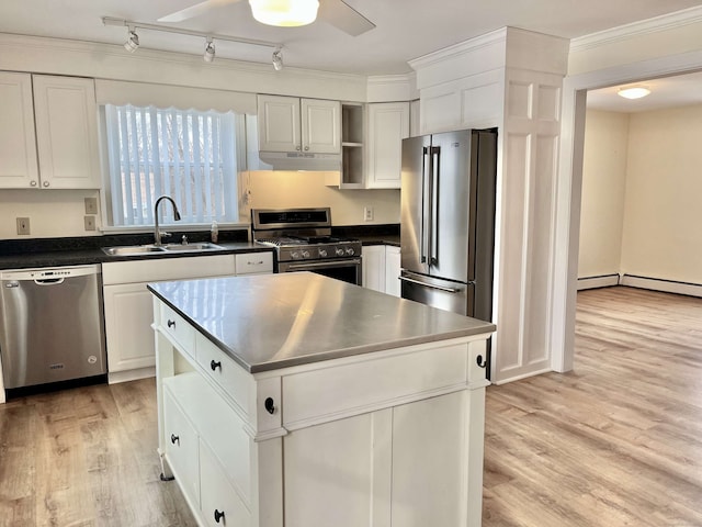 kitchen with appliances with stainless steel finishes, light hardwood / wood-style flooring, white cabinets, and sink