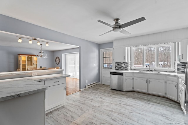 kitchen with white cabinets, decorative backsplash, sink, and dishwasher