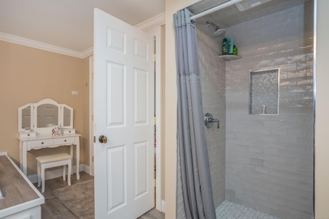 bathroom featuring wood-type flooring, walk in shower, and ornamental molding