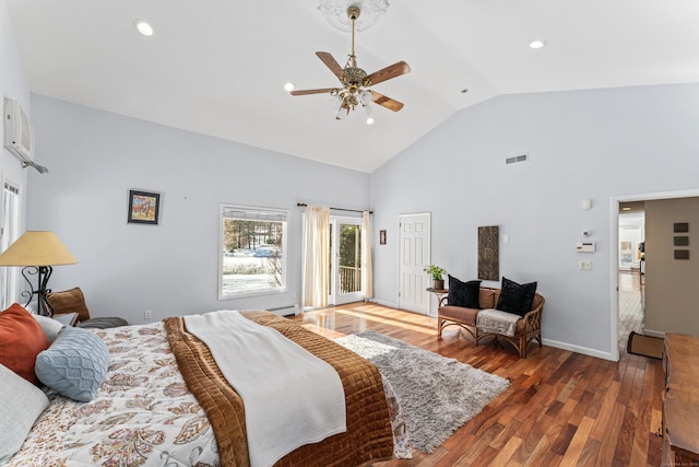 bedroom featuring ceiling fan, dark hardwood / wood-style flooring, high vaulted ceiling, and access to outside