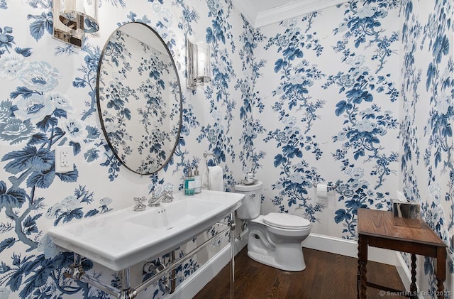 114 Walkley Hill Rd, Haddam, CT 06438 - half bath featuring wallpapered walls, wood finished floors, and crown molding