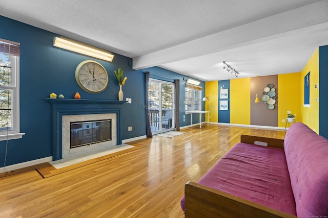 living room with track lighting, a wealth of natural light, hardwood / wood-style floors, and a textured ceiling