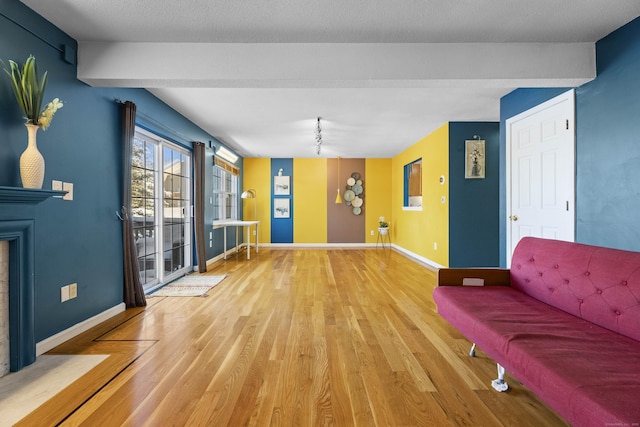 living room with hardwood / wood-style flooring and rail lighting