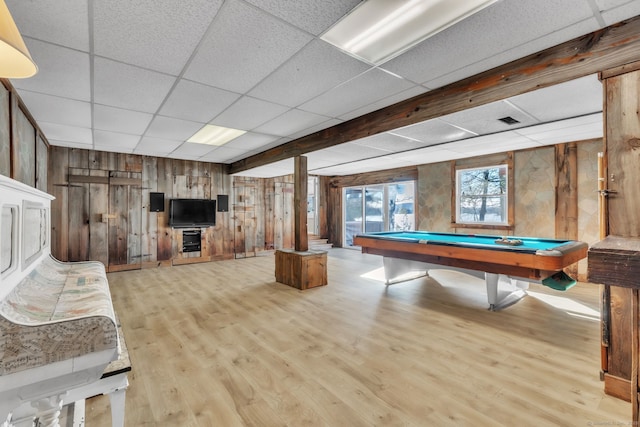 493 Babbs Rd, Suffield, CT 06093 - playroom with wooden walls, a drop ceiling, wood finished floors, and pool table