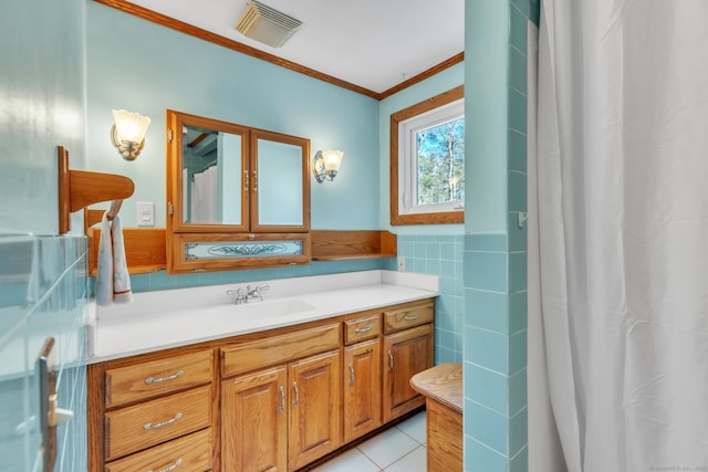 493 Babbs Rd, Suffield, CT 06093 - full bathroom with vanity, ornamental molding, tile walls, tile patterned flooring, and a shower with curtain