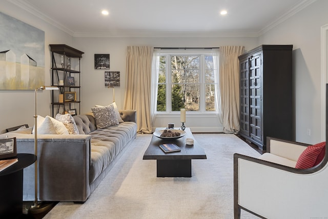 living room featuring crown molding and light colored carpet