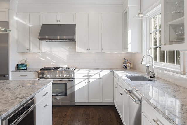 kitchen with sink, hanging light fixtures, appliances with stainless steel finishes, range hood, and white cabinets