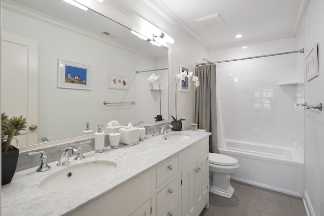 full bathroom with crown molding, shower / tub combo, tile patterned flooring, vanity, and toilet