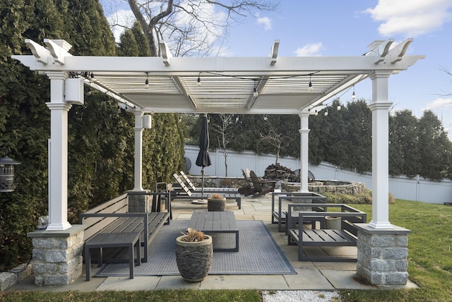 view of patio / terrace with an outdoor hangout area and a pergola