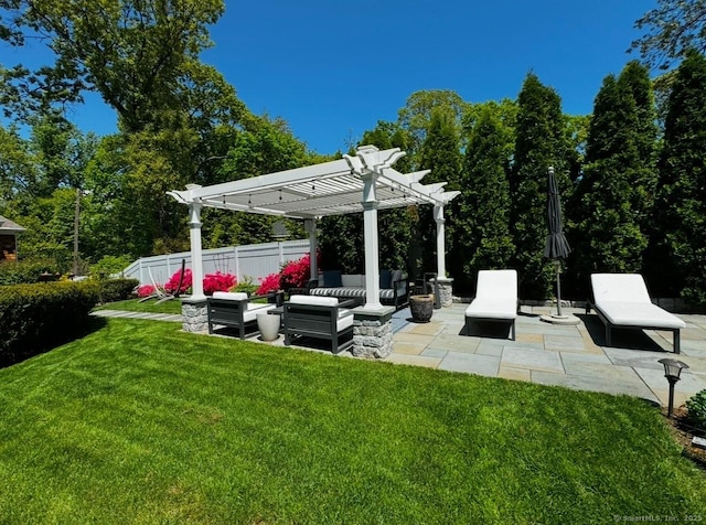 view of patio / terrace featuring outdoor lounge area and a pergola