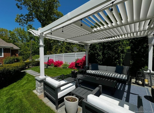 view of patio / terrace featuring an outdoor living space and a pergola