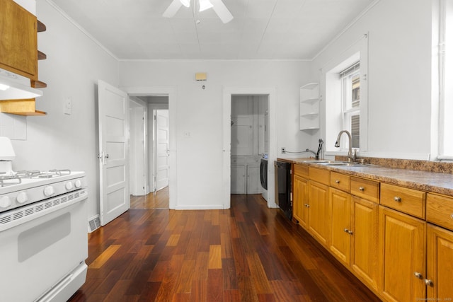 kitchen with sink, crown molding, white gas range oven, dishwasher, and dark hardwood / wood-style flooring