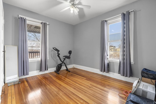 workout room with hardwood / wood-style flooring and ceiling fan