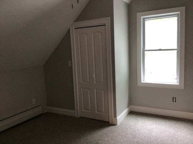 111 Pineville Rd, Killingly, CT 06241 - additional living space featuring baseboard heating, vaulted ceiling, carpet, and baseboards