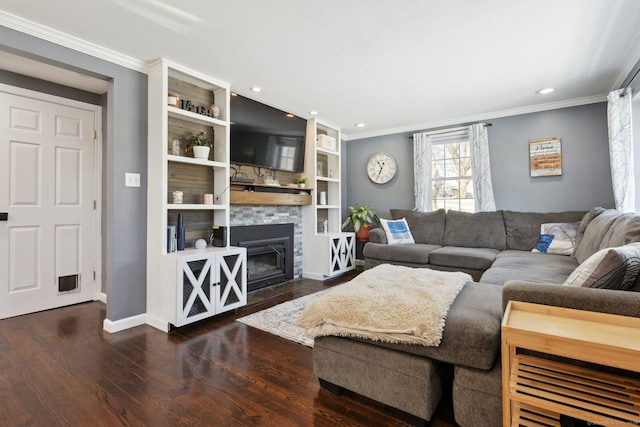 living room with ornamental molding, built in features, and dark hardwood / wood-style floors