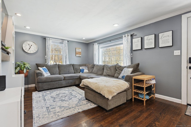 living room with crown molding and dark wood-type flooring