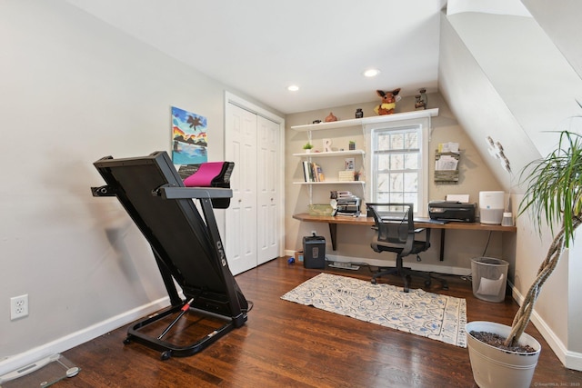 office featuring dark wood-type flooring and lofted ceiling