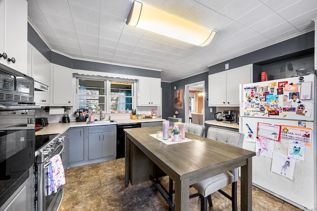 kitchen featuring stainless steel electric stove, white cabinetry, black dishwasher, white fridge, and gray cabinetry