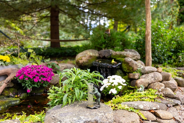 exterior space featuring a garden pond